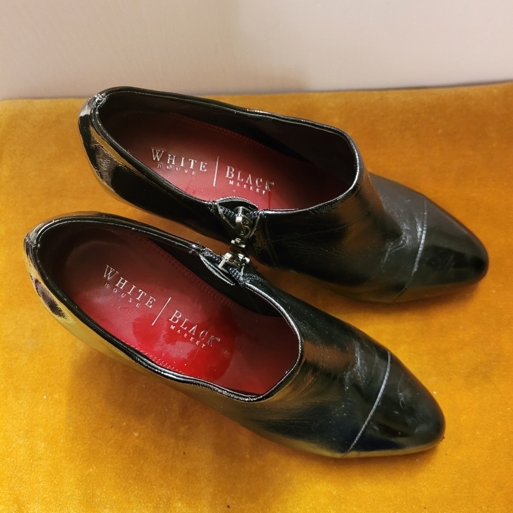 WHBM Chic Black Patent Leather Side Zip Slant Heel Ankle Bootie - Picture 14 of 16